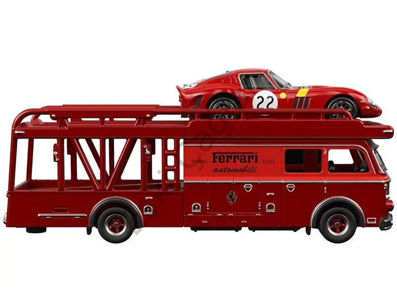 1:64 Hot Wheels Premium Ferrari 250 GTO #22 (Red) with Fiat 642 RN2 Bartoletti Transporter
