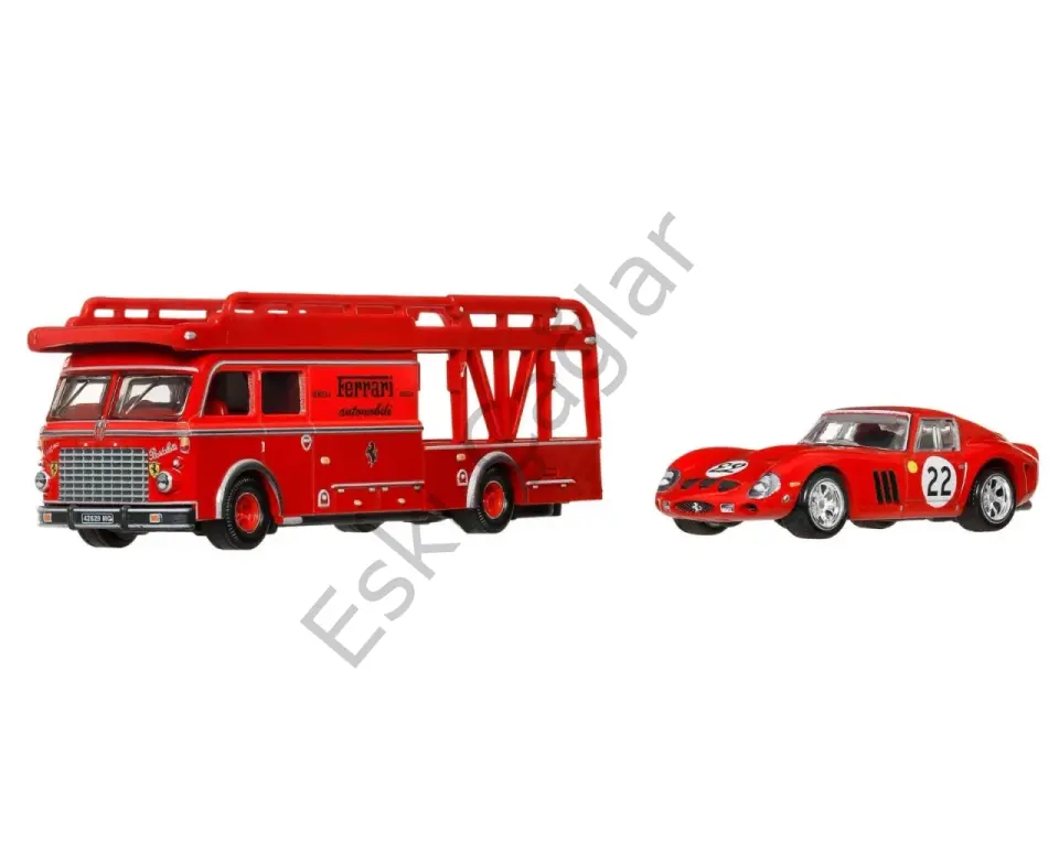 1:64 Hot Wheels Premium Ferrari 250 GTO #22 (Red) with Fiat 642 RN2 Bartoletti Transporter