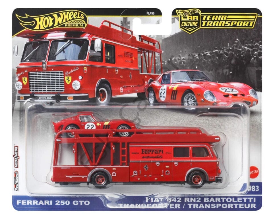 1:64 Hot Wheels Premium Ferrari 250 GTO #22 (Red) with Fiat 642 RN2 Bartoletti Transporter